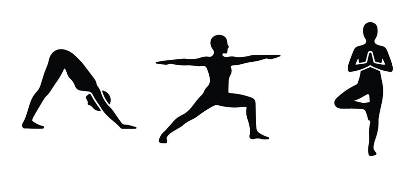 Yoga silhouette vector set with three female poses, black yoga figures in downward dog warrior and tree pose, minimalist fitness icons for wellness
