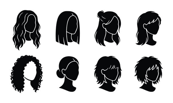 Minimalist woman hairstyle silhouettes, 8 female hair icons, black beauty salon vector set