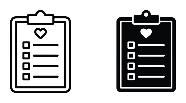 Medical clipboard icons with heart symbol, healthcare checklist vector set, patient record form in outline and solid styles, clinical survey document