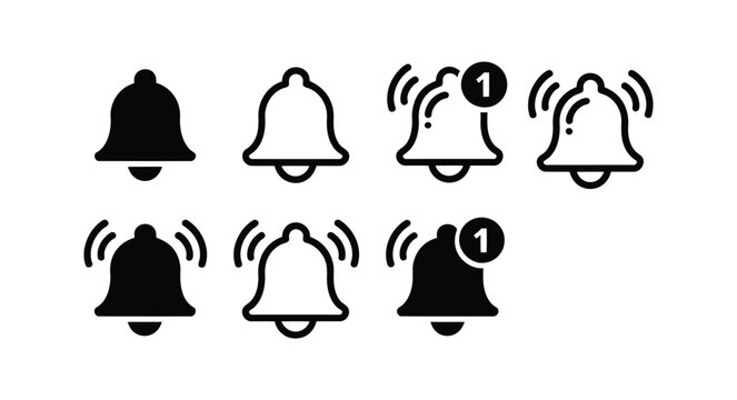 Notification bell icon set with alert symbols and vibration lines