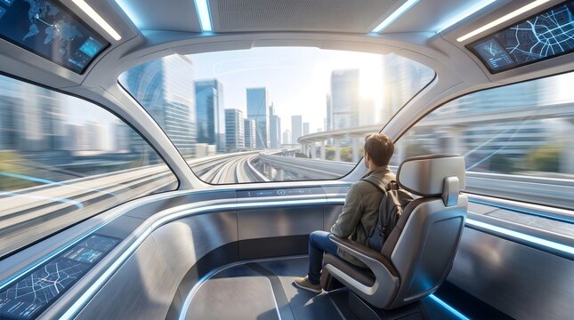 Futuristic Maglev Train - Passenger View of City Speed