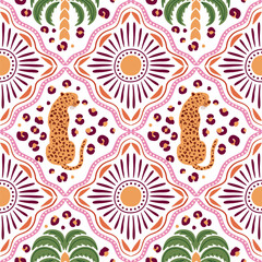 Tropical tile seamless pattern with jungle palm tree, leopard, ethnic sun, stripes, geometric ornament, summer vacation print. Hand drawn vector repeat background, textile design, checkered wallpaper © Tani Kuzminka