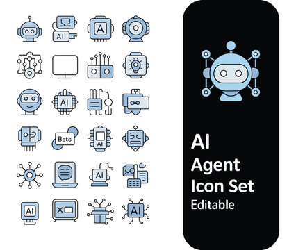 Artificial intelligence agent technology and robotics icon set