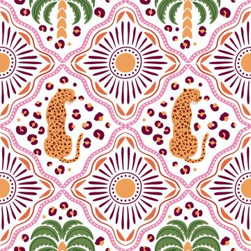 Tropical tile seamless pattern with jungle palm tree, leopard, ethnic sun, stripes, geometric ornament, summer vacation print. Hand drawn vector repeat background, textile design, checkered wallpaper