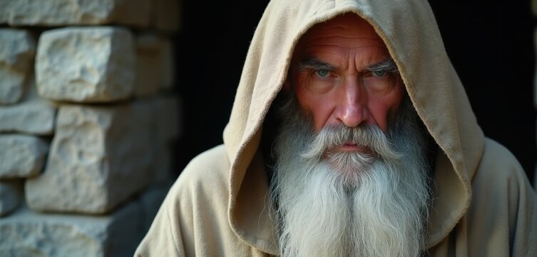 Elderly man with long grey beard and hood wears beige robe. He stands near ancient stone wall with serious expression. Sunlight shines on his face. He looks like wise old sage.