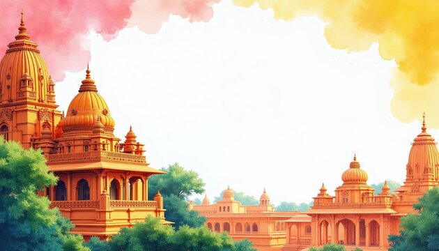 Watercolor painting of Indian architecture featuring temples, ornate buildings. Rich green trees surround structures, with pink, yellow watercolor clouds in sky. Suitable for travel cultural designs.