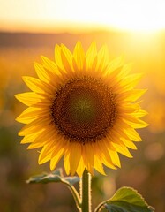 Obraz premium Golden Sunflower in Field at Sunset Warm Sunlight Lighting Rural Landscape