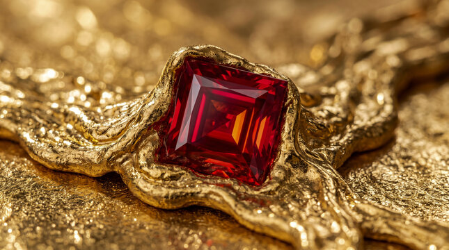 Red Ruby Gemstone Embedded in Flowing Molten 24K Gold - High-End Product Photography
Sophisticated shot of a vibrant red ruby surrounded by waves of liquid gold, featuring dramati