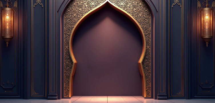 Ornate archway with gold Islamic geometric patterns, lanterns. Dark walls feature elegant gold trim. Elegant mosque door design for cultural, religious themes. Minimalist background for greeting