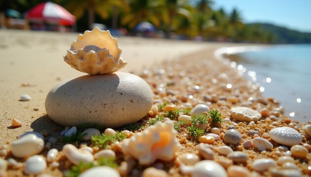 Smooth stone and seashell rests on beach sand. Tiny green plants grow amid shells and small stones. Shoreline waves glisten water. Palm trees and umbrellas visible afar.
