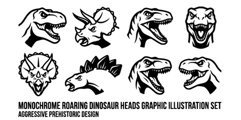Obraz premium Monochrome Roaring Dinosaur Heads Graphic Illustration Set - Aggressive Prehistoric Design 