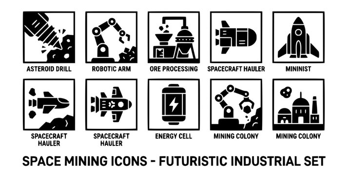 Space Mining Futuristic Industrial Technology Solid Glyph Icons Set
