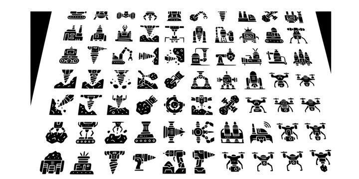 Space Mining Futuristic Industrial Technology Solid Glyph Icons Set
