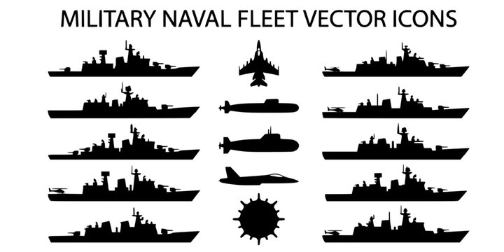 Military Naval Fleet: Ships, Submarine, Aircraft, and Mine Black White Silhouette Icons
