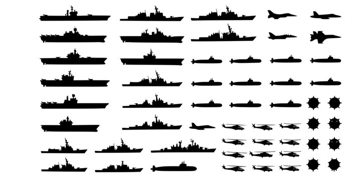 Military Naval Fleet: Ships, Submarine, Aircraft, and Mine Black White Silhouette Icons
