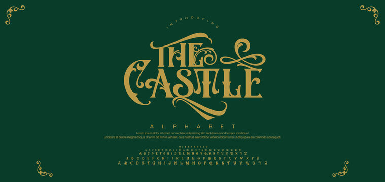 THE CASTLE Elegant font alphabet uppercase lowercase and number. Classic lettering minimal fashion designs. Typography modern serif fonts regular decorative vintage concept. Vector illustration
