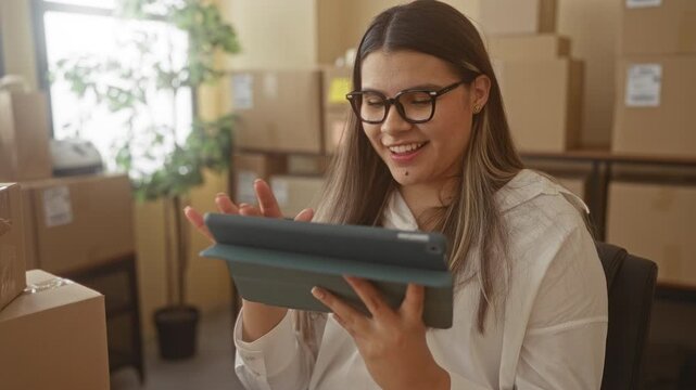 Woman holding tablet and tapping screen amid stacked shipping boxes in a building; focused entrepreneurship.