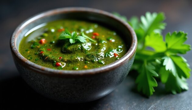 Green chimichurri sauce with parsley and chili pieces in bowl. Fresh herb condiment for grilled meats. Tangy vegan sauce adds zest to meals.
