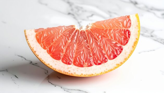 Close Up of a Juicy Pink Grapefruit Slice on a White Marble Surface