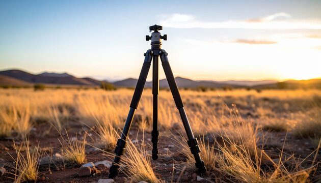 Professional Camera Tripod Stands in Golden Dry Grass Field at Sunset Warm Light Outdoor