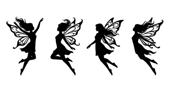 Elegant Fairy Silhouette Vector Set with Flying Magical Characters in Dynamic Jumping Poses