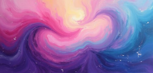 Obraz premium Acrylic paint swirls in vibrant purple blue pink and yellow hues. Textured strokes create a dynamic flowing abstract background. This artwork evokes cosmic energy and motion.