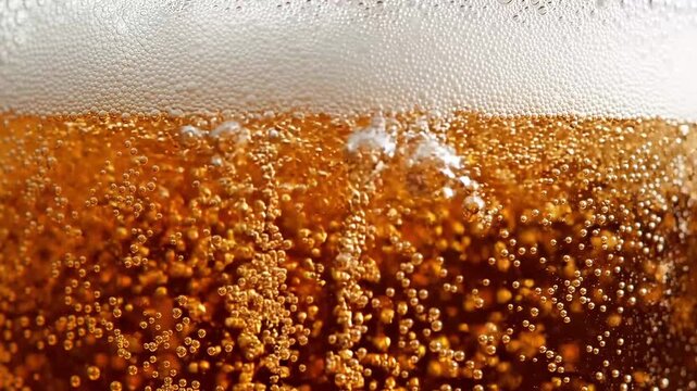 Closeup of beer with bubbles and foam in a glass, showing a golden color and white head