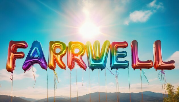 glossy rainbow balloons spell farewell phrase floating outdoors with sunlight reflections against bright sky