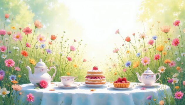 Watercolor illustration of a whimsical garden tea party with delicate cakes and floral settings. Pastel colors create a sweet, inviting atmosphere for children or special events.
