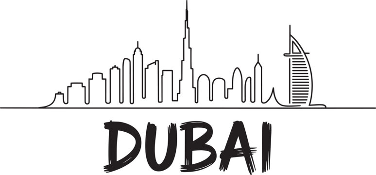 Dubai skyline minimalist line art with iconic buildings and text for travel in outline style