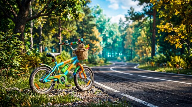 Colorful childs bicycle with teddy bear in basket parked on forest road. Symbol of adventure and exploration for kids. International missing children day awareness and safety concept
