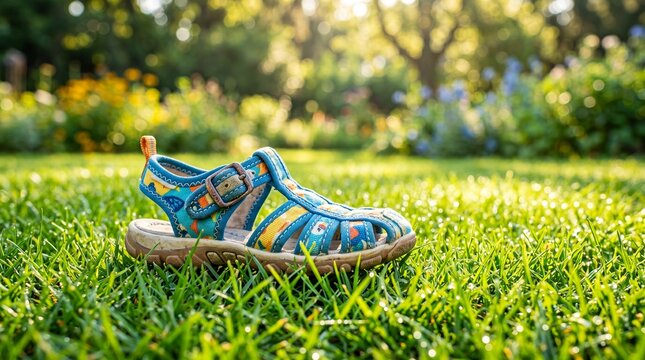 Childs blue sandal with colorful patterns lying on dewy green grass in sunny garden. Symbol of lost child for international missing children day awareness and remembrance concept