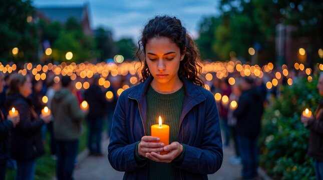 Young woman holding lit candle with thoughtful expression. Outdoor evening vigil with crowd carrying candles in park. Remembrance gathering for international missing children day awareness and hope