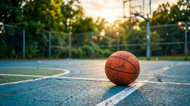Worn basketball on empty blue court at sunset near hoop and fence. Urban outdoor playground surrounded by green trees