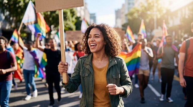 African American woman smiling and holding protest sign at pride parade. Diverse crowd marching with rainbow flags on urban street. LGBTQ equality and rights demonstration concept in sunny weather
