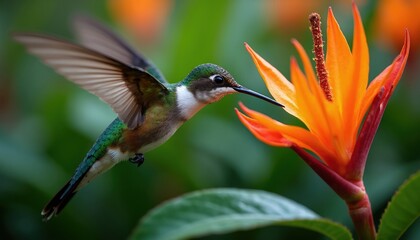 Obraz premium Tiny hummingbird hovers by bright orange flower seeking nectar. Small bird with green wings flies near tropical plant. Delicate creature drinks from blossom, natural wonder.