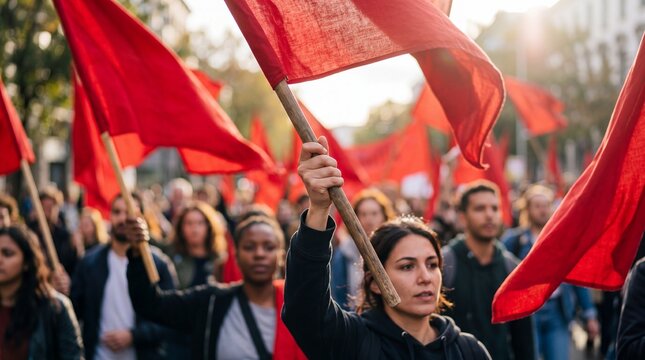 Diverse crowd marching with red flags in labor protest. Woman holding banner leading demonstration. Workers rights and solidarity concept for international workers day