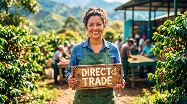 Woman coffee farmer holding direct trade sign in lush plantation. Sustainable agriculture and ethical commerce concept. World fair trade day theme for fair labor practices and global support