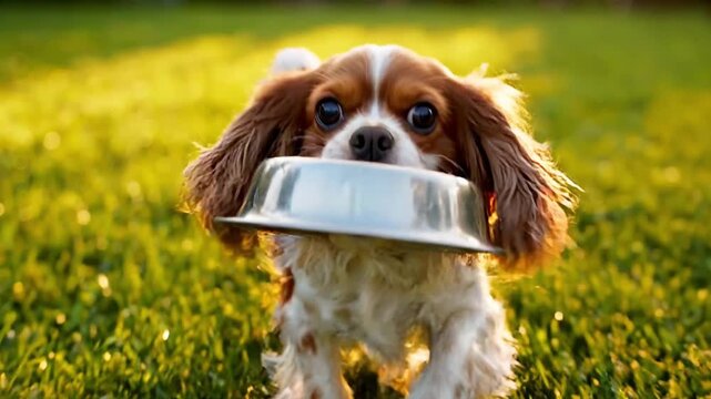 Cavalier king charles spaniel running with a silver dog bowl in a field of green grass on a sunny day