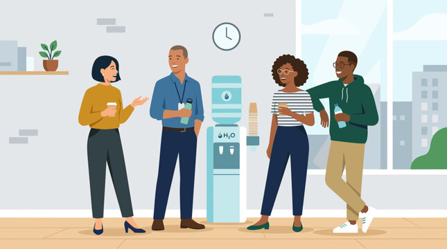 Four diverse colleagues chatting by office water cooler