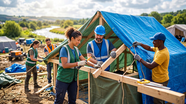 Volunteers building emergency shelter with tarps and wood frames. Diverse humanitarian aid team constructing tent in rural riverside area. Disaster relief and community volunteering effort