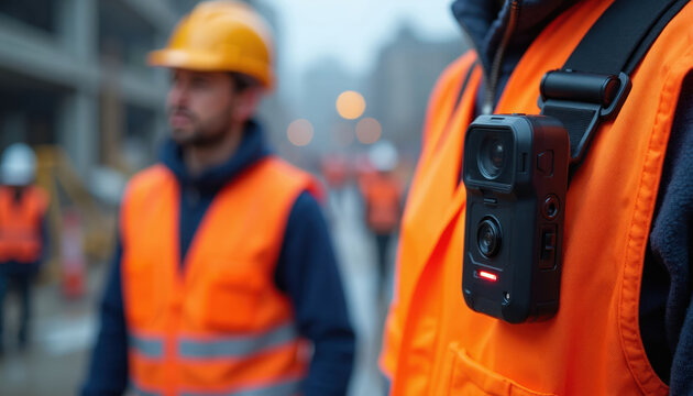 Construction worker wears body cam for site safety and monitoring. Technology improves efficiency and responsibility on job. Focus on worker with camera and other builders in background.