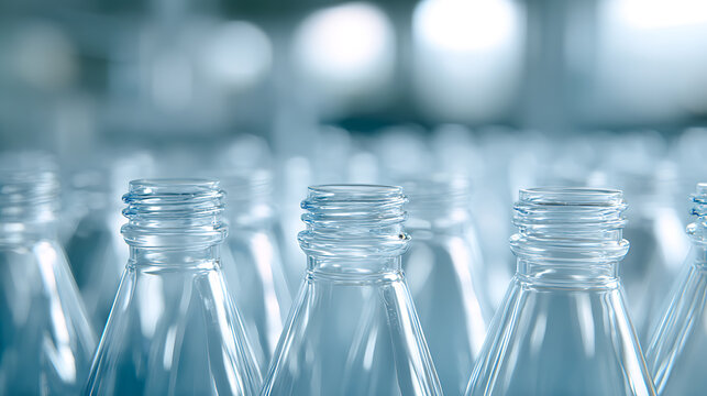 Clear Plastic Bottle Necks Close-up on Production Line: Manufacturing Process for Beverage Containers, Ecology, and Recycle Concept