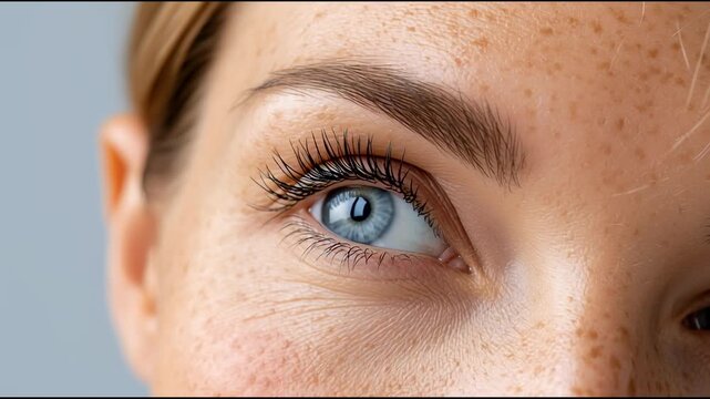 Woman with blue eyes, freckles, and crow's feet blinking in extreme close up, showing eyelashes, eyeball, and eyebrow. Healthy vision and natural beauty concept