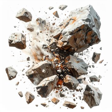 Concrete Debris Exploding With Orange Hues Against White Background Dynamic Impact