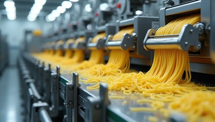 Obraz premium Automated pasta extrusion machines produce long spaghetti strands in a food factory. Industrial food production line creates fresh noodles using modern equipment for mass consumption and distribution.