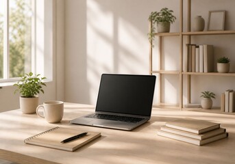 Fototapeta premium modern office interior​Minimalist home office workspace with laptop and notebook on wooden desk