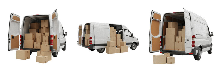 White Delivery Van Truck Unloading Cardboard Boxes for Logistics Shipping Moving Service E-commerce Distribution Transportation Industry and Warehouse Supply Chain Concept Visuals © Gooer