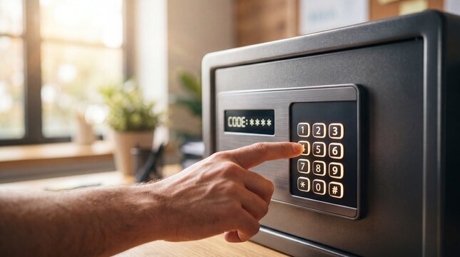 Mans hand pressing keypad on electronic safe: meaning code on display. Password entry for secure access. Cybersecurity and data protection concept for world password day