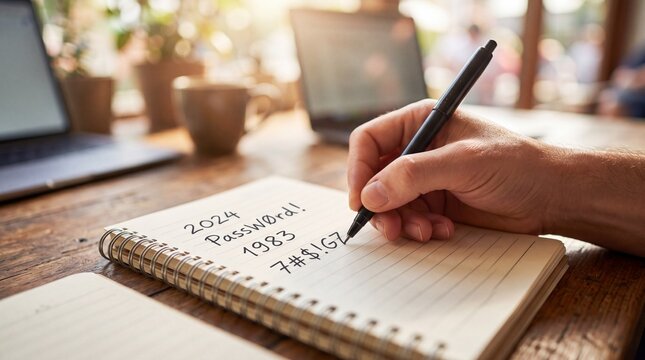 Hand writing sample passwords in open notebook on wooden cafe table. World Password Day concept for cybersecurity and data protection awareness